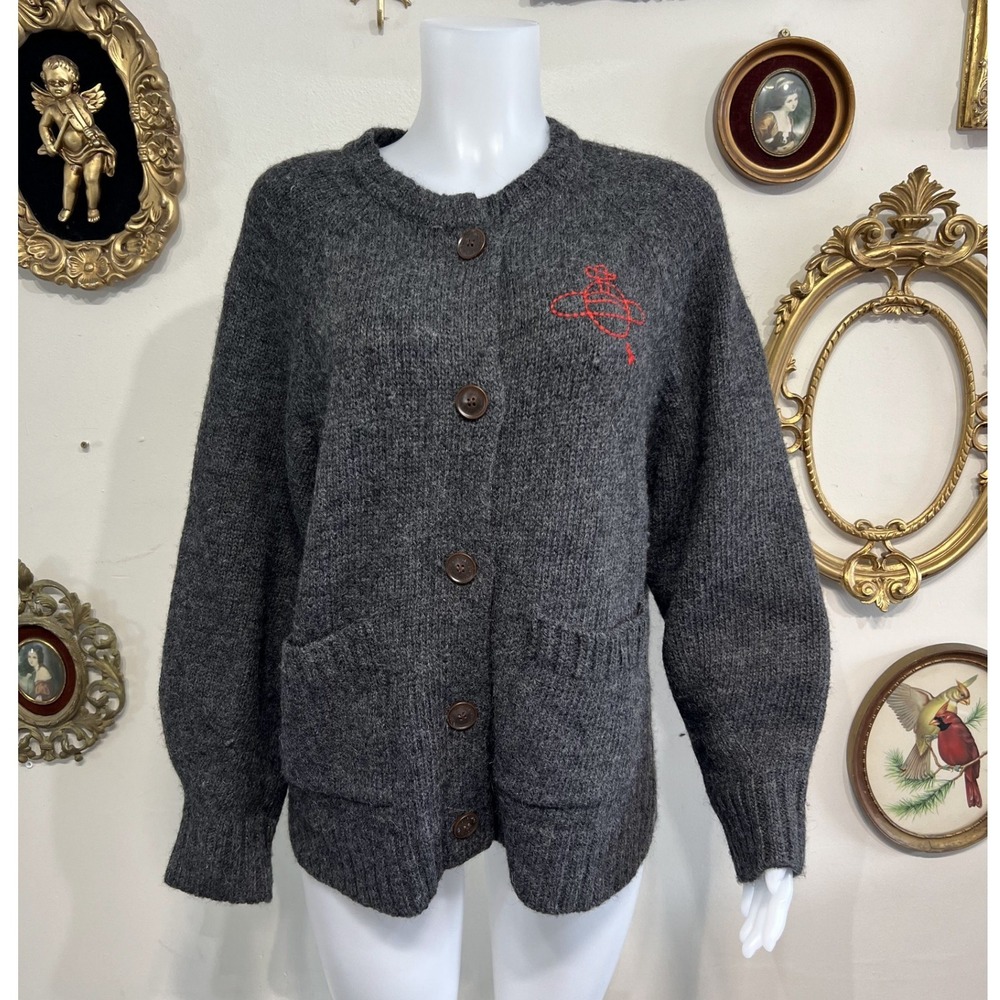 Vivienne Westwood Red Label Dark Gray Chunky Knit Cardigan Embroidered Logo Sz S